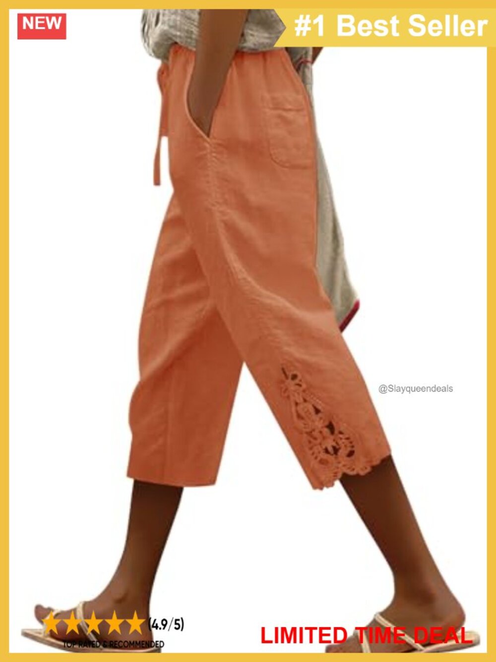 Womens Cotton Linen Capri Pants Drawstring Elastic Waist with Pockets